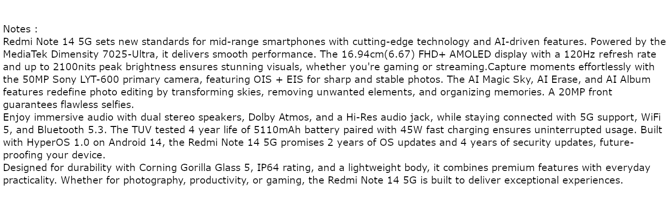 Redmi Note 14 5G (Mystique White, 6GB, 128GB)