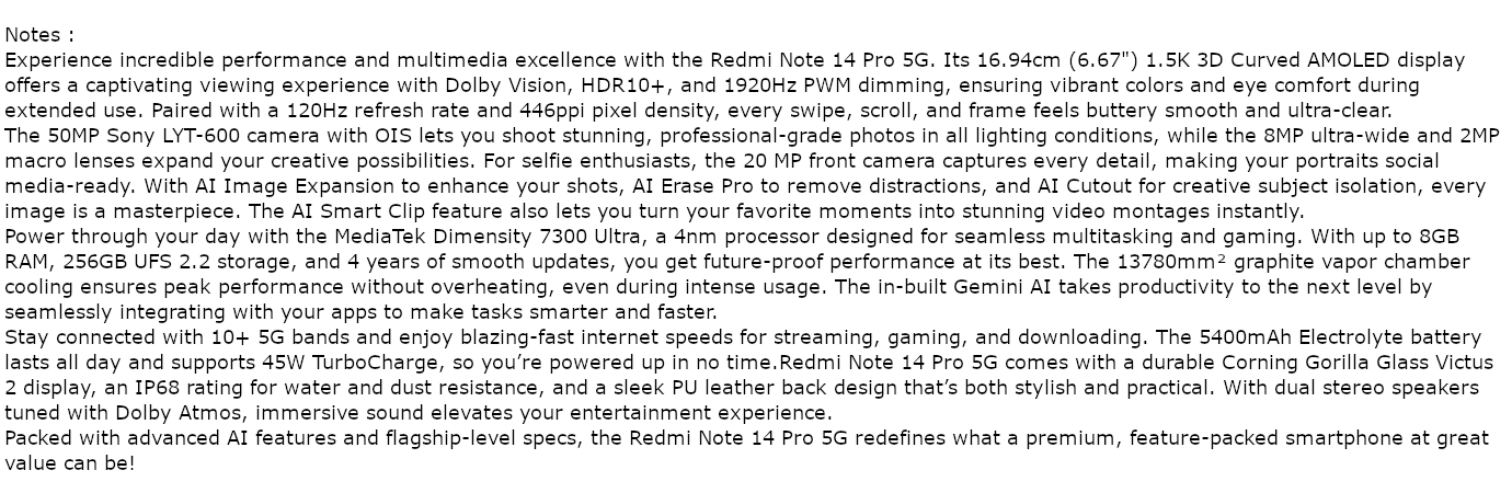 Redmi Note 14 pro 5G (Phantom Purple, 8GB, 256GB)