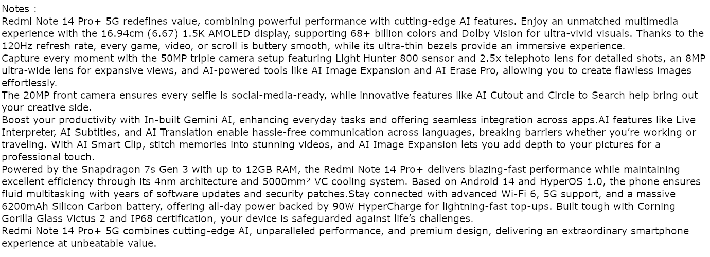 Redmi Note 14 pro plus 5G (Phantom Purple, 8GB, 128GB)