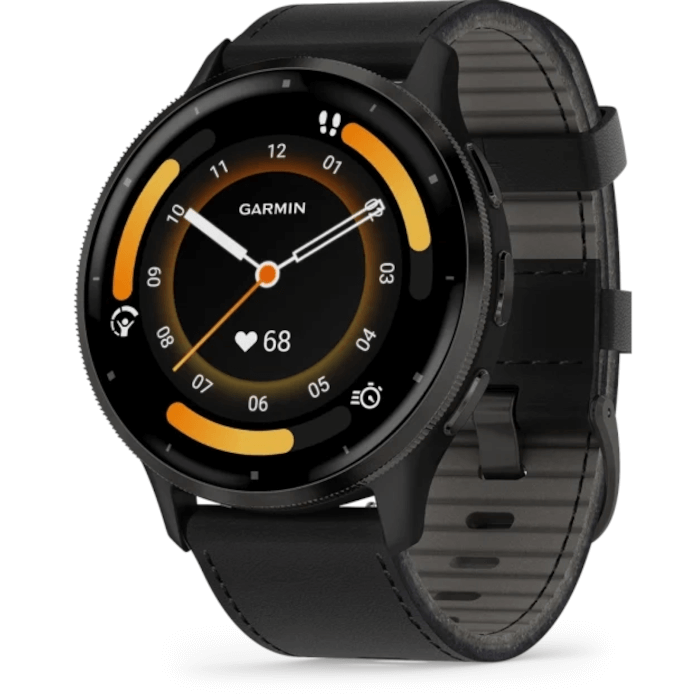 Garmin Venu 3 (45mm, Slate Stainless Steel Bezel, Black Leather Band)