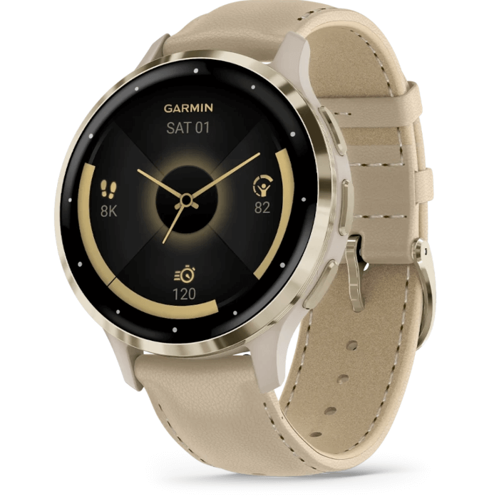 Garmin Venu 3S (41mm, Soft Gold Stainless Steel Bezel, French Grey Leather Band)
